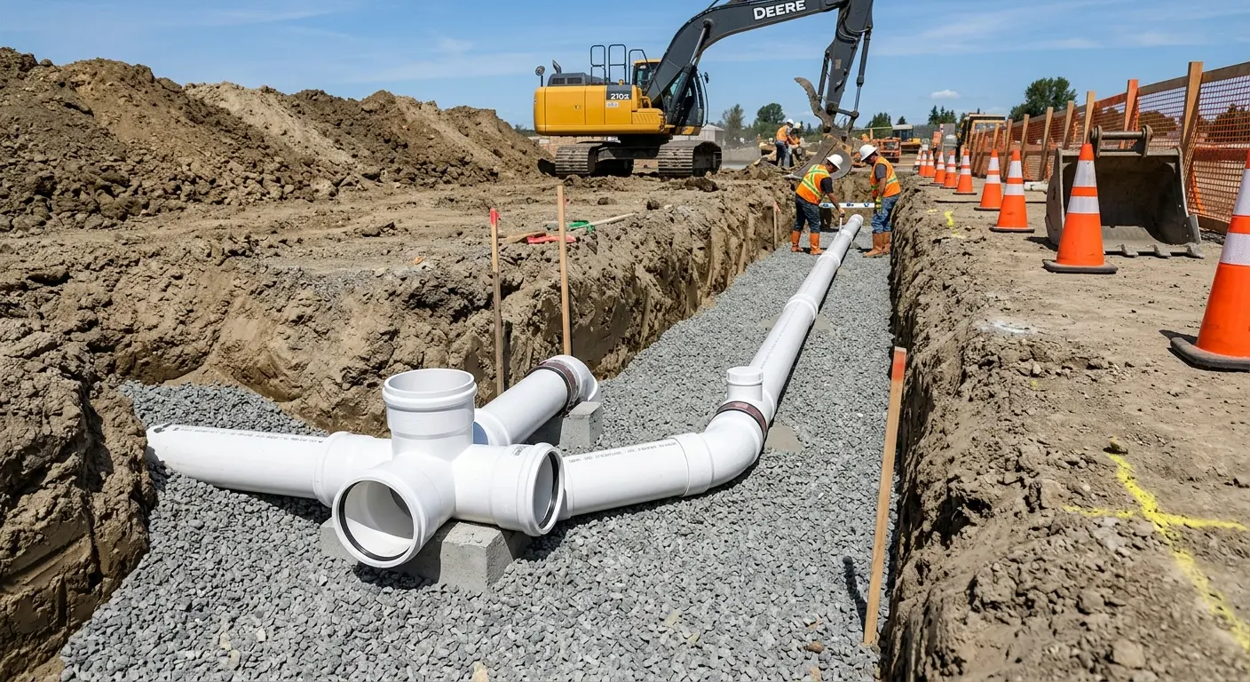 New PVC sewer pipe installation in open trench for Commercial Drain Cleaning in Laurel