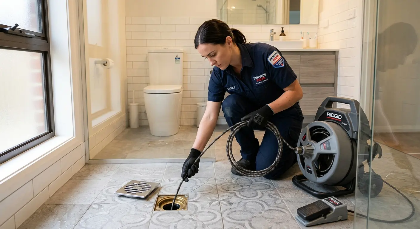 Technician clearing a bathroom floor drain for Sewer Line Replacement in Laurel